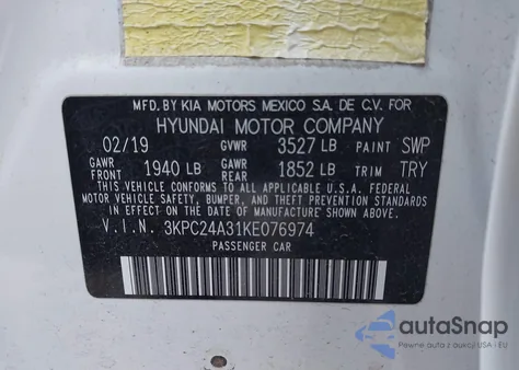 2019 Hyundai Accent Sel z USA, uszkodzony, nr VIN 3KPC24A31KE076974